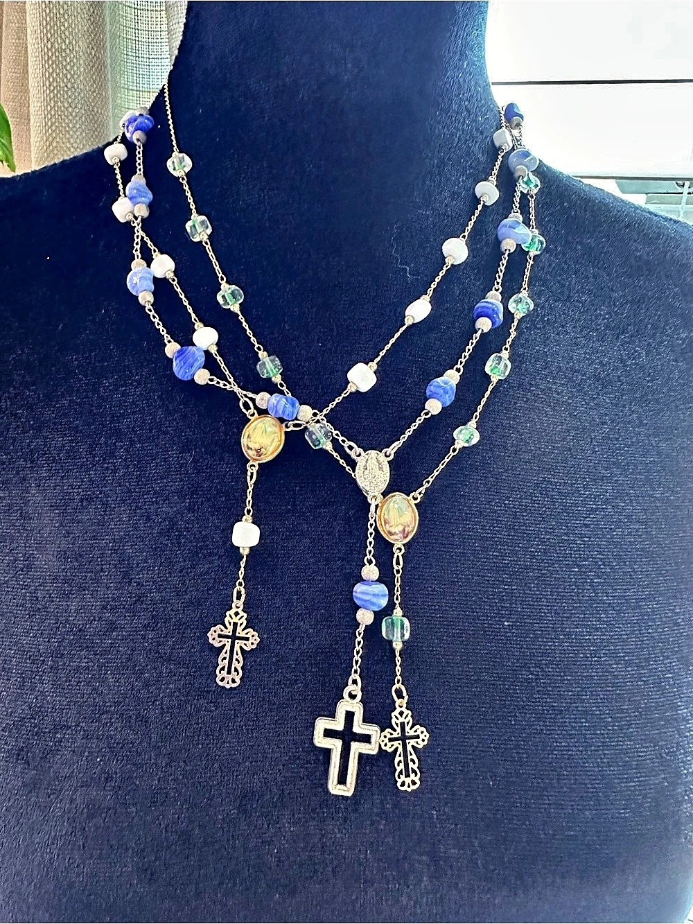 Our Lady of Fatima Portugal Layered Cross & Miraculous Medal Necklace Set